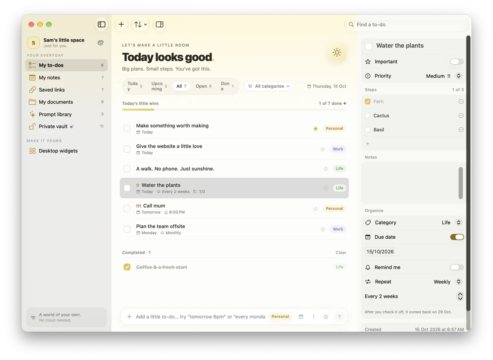 MacTodo’s to-do list with Today, Upcoming, and All views, and an inspector open on a repeating to-do with three steps.