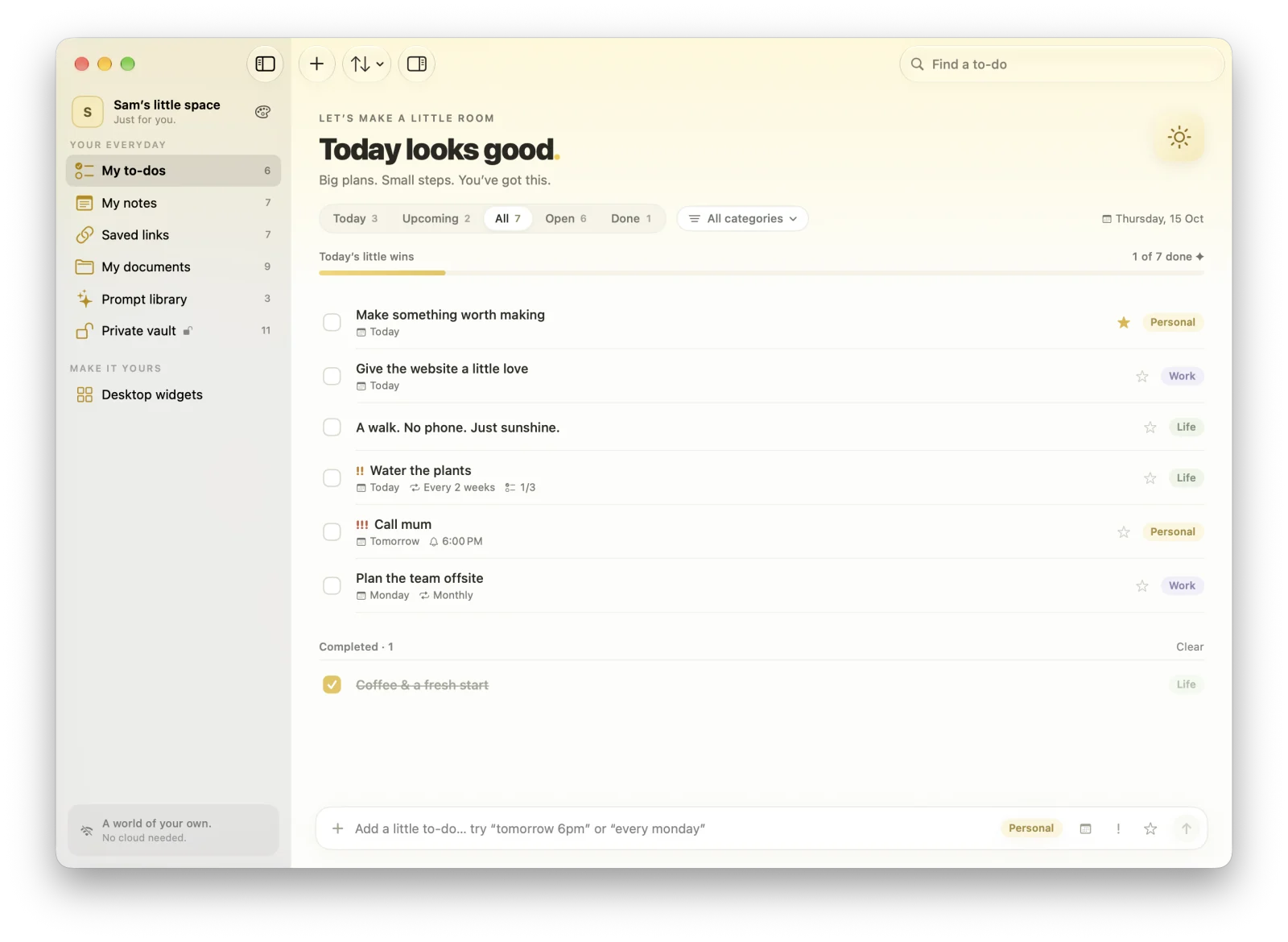MacTodo’s to-do list with Today, Upcoming, All, Open, and Done tabs, an All categories filter, and to-dos marked !! and !!! with due dates, repeats, and categories.