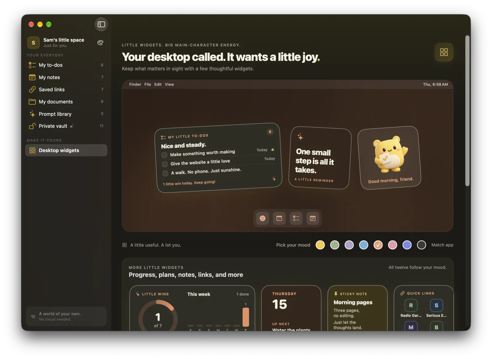 MacTodo’s widget gallery in dark mode.
